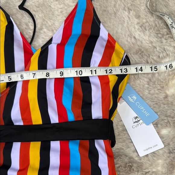 Cupshe | Multi Color Stripe Front Cross One Piece Swimsuit, Black Belt, NWT - Picture 3 of 11